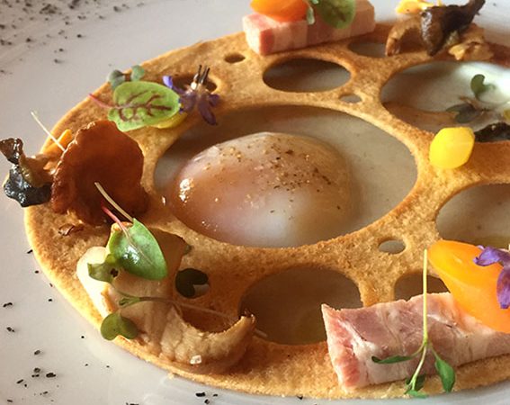 Œuf cuisson parfaite, velouté de champignons de Paris, tartine croustillante, champignons des bois et poitrine de porc fumée